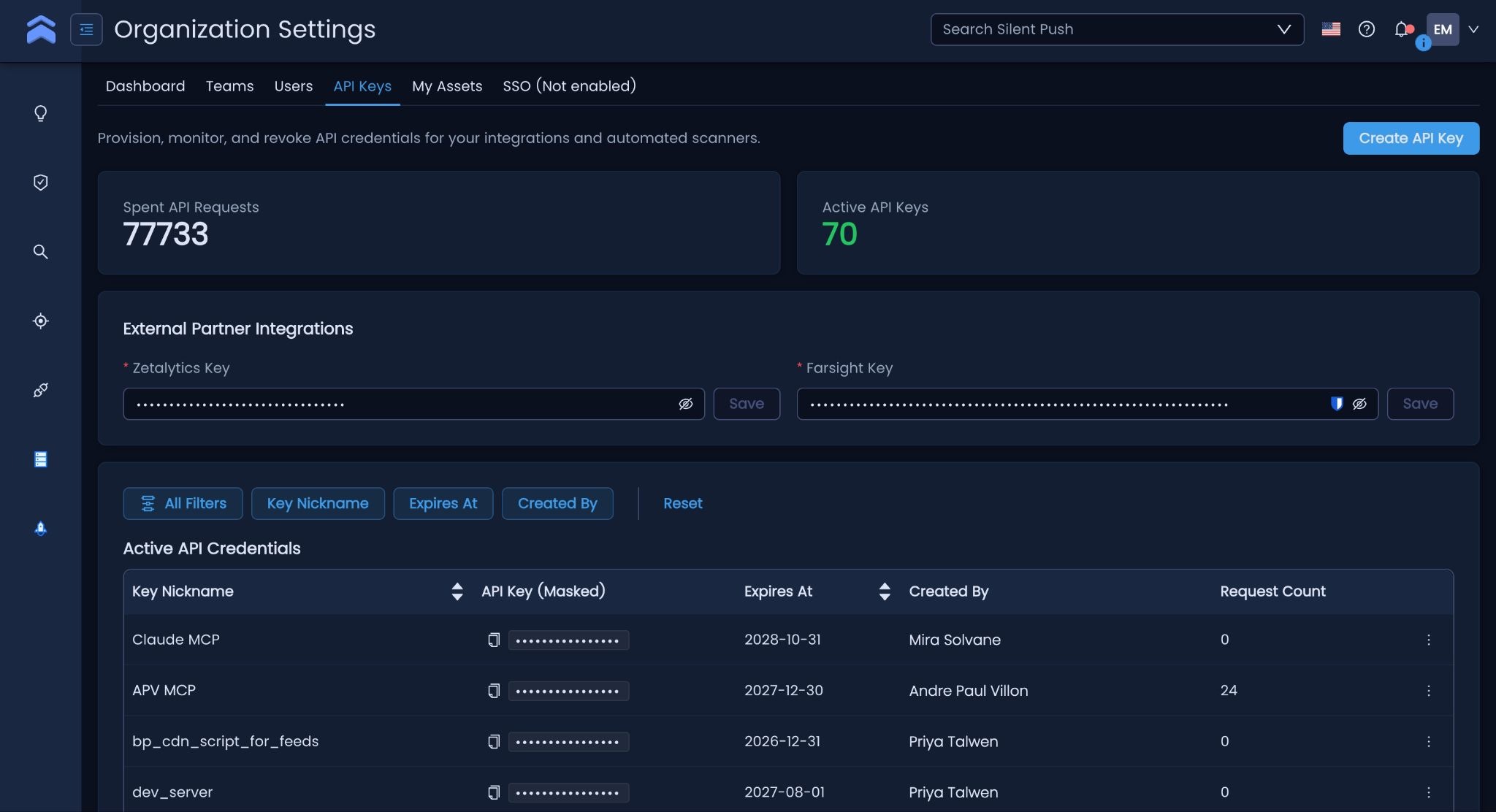 Silent Push Platform, version 6.2, featuring Organization Settings for API Keys.
