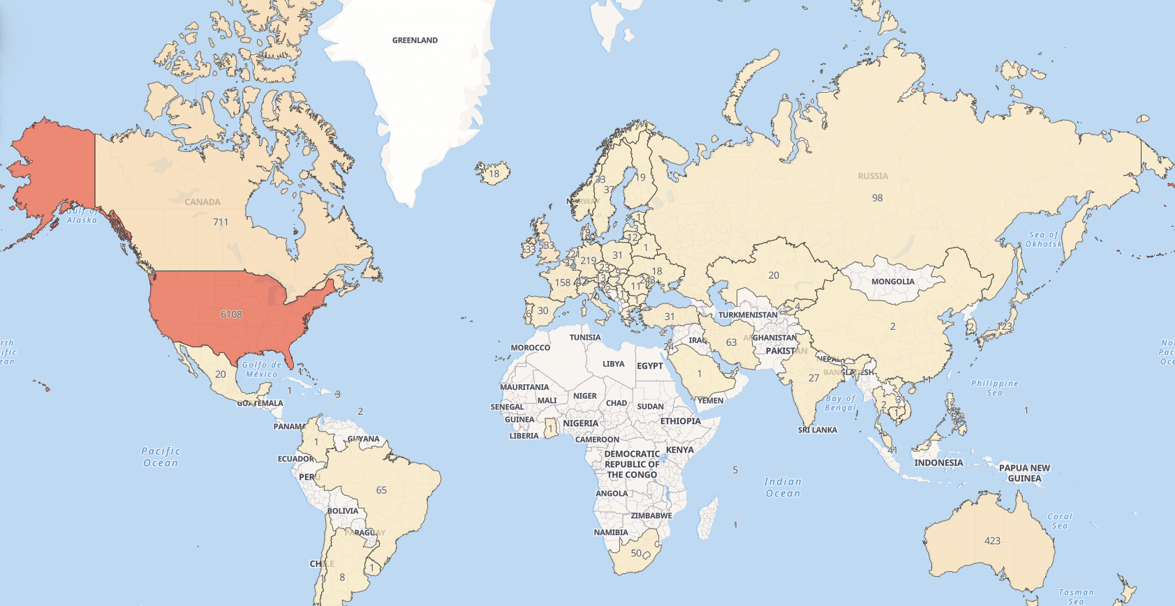 Global map of affected servers