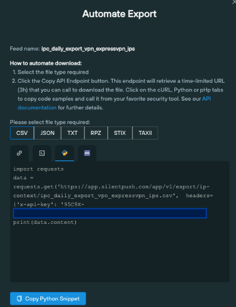 API endpoint export