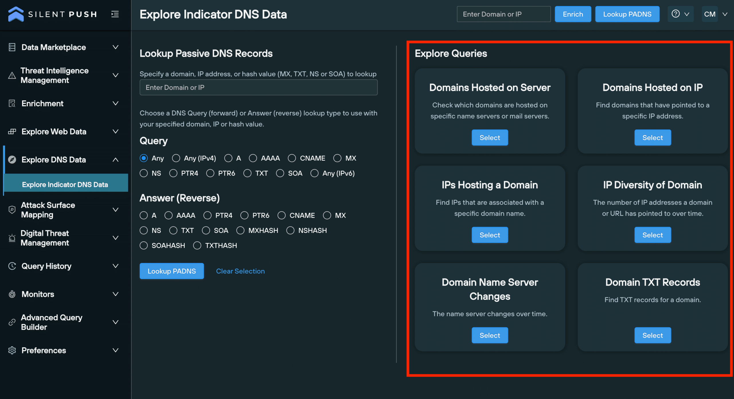 Passive DNS lookup on Silent Push shows the explore queries menu with advanced query options. 