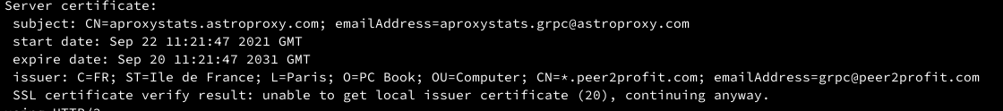 SSL certificate linking both PEER2PROFIT and ASTROPROXY