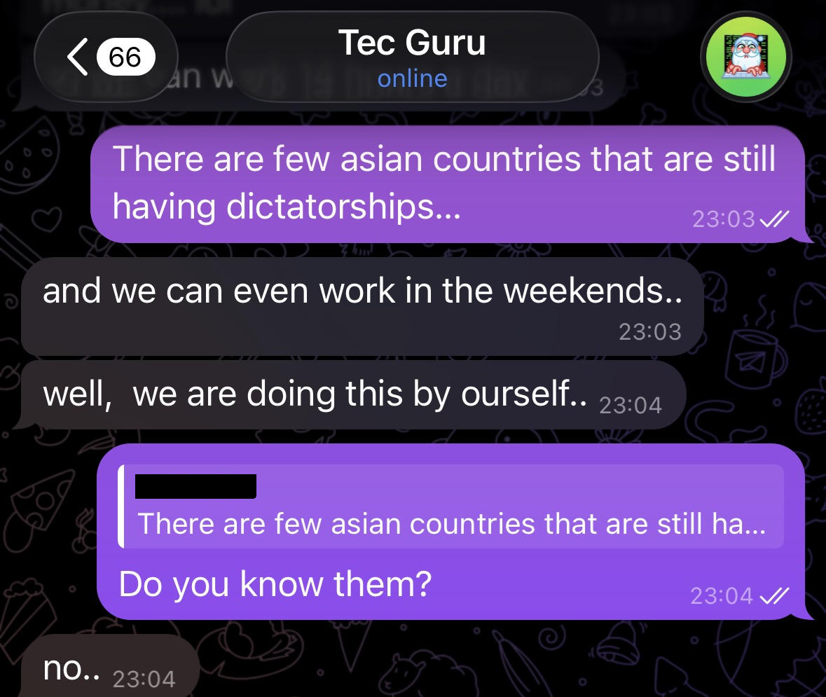 Screenshot of our conversation asking about dictatorships in Asian countries