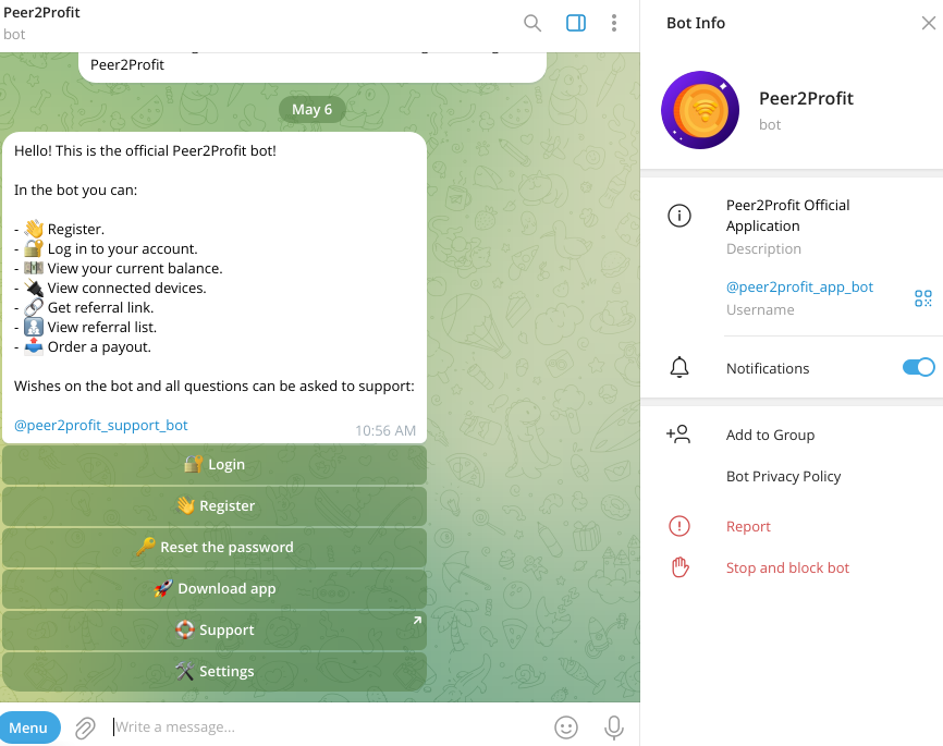 Peer2Profit Telegram bot