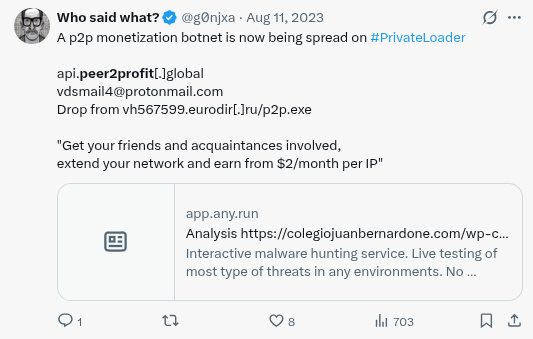 Peer2Profit SDK spread via PrivateLoader botnet