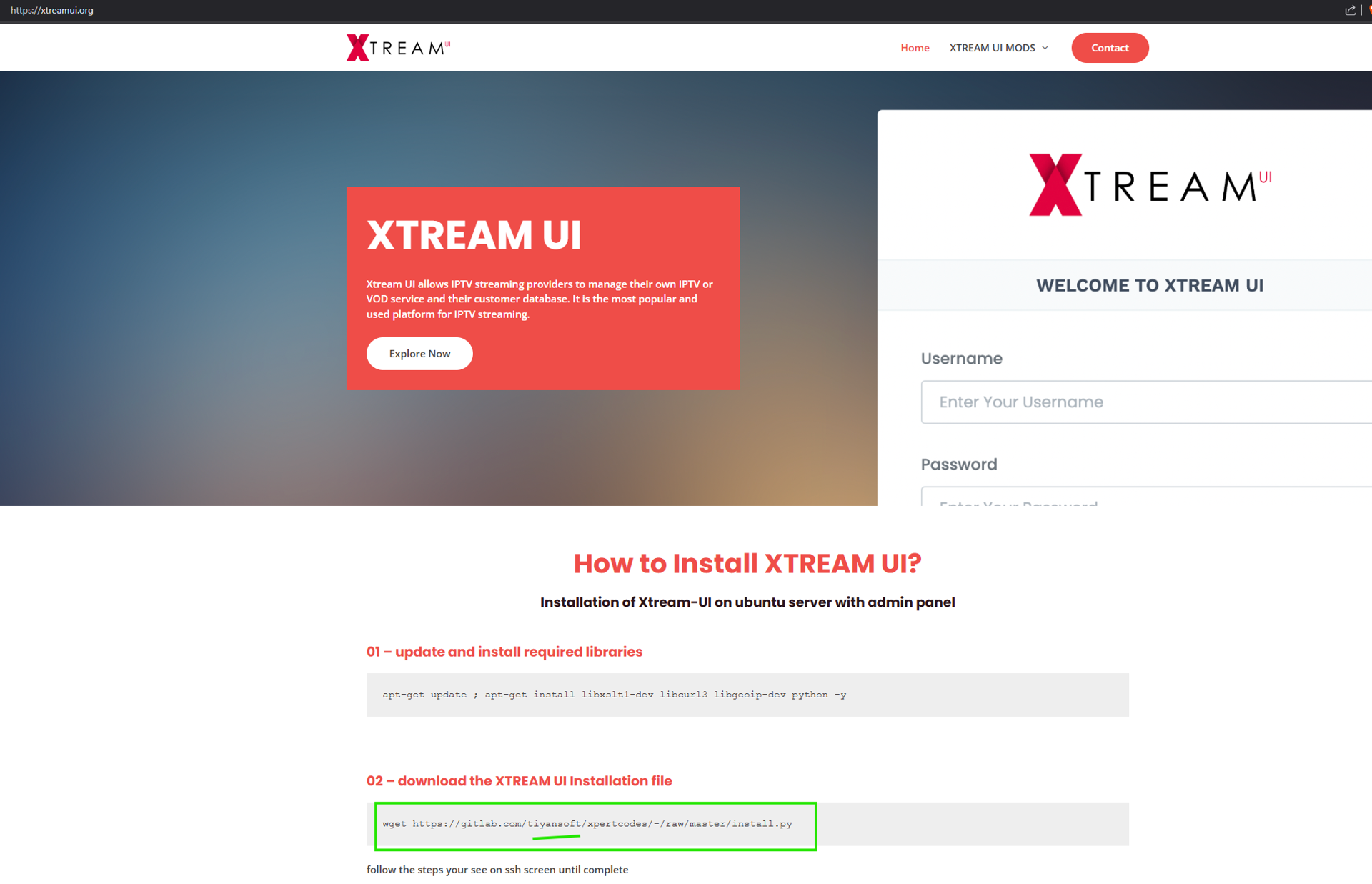 Screenshot of the website, “xtreamui[.]org”