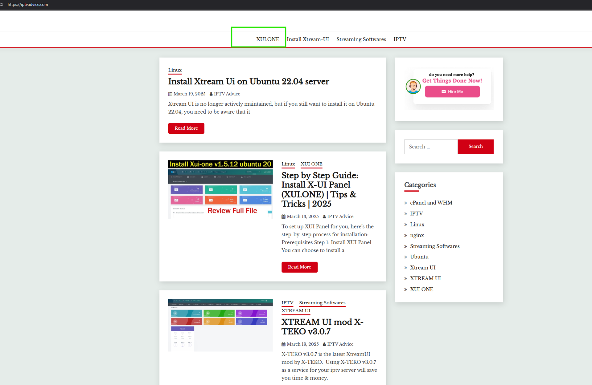 Screenshot of “iptvadvice[.]com” with links to XuiOne