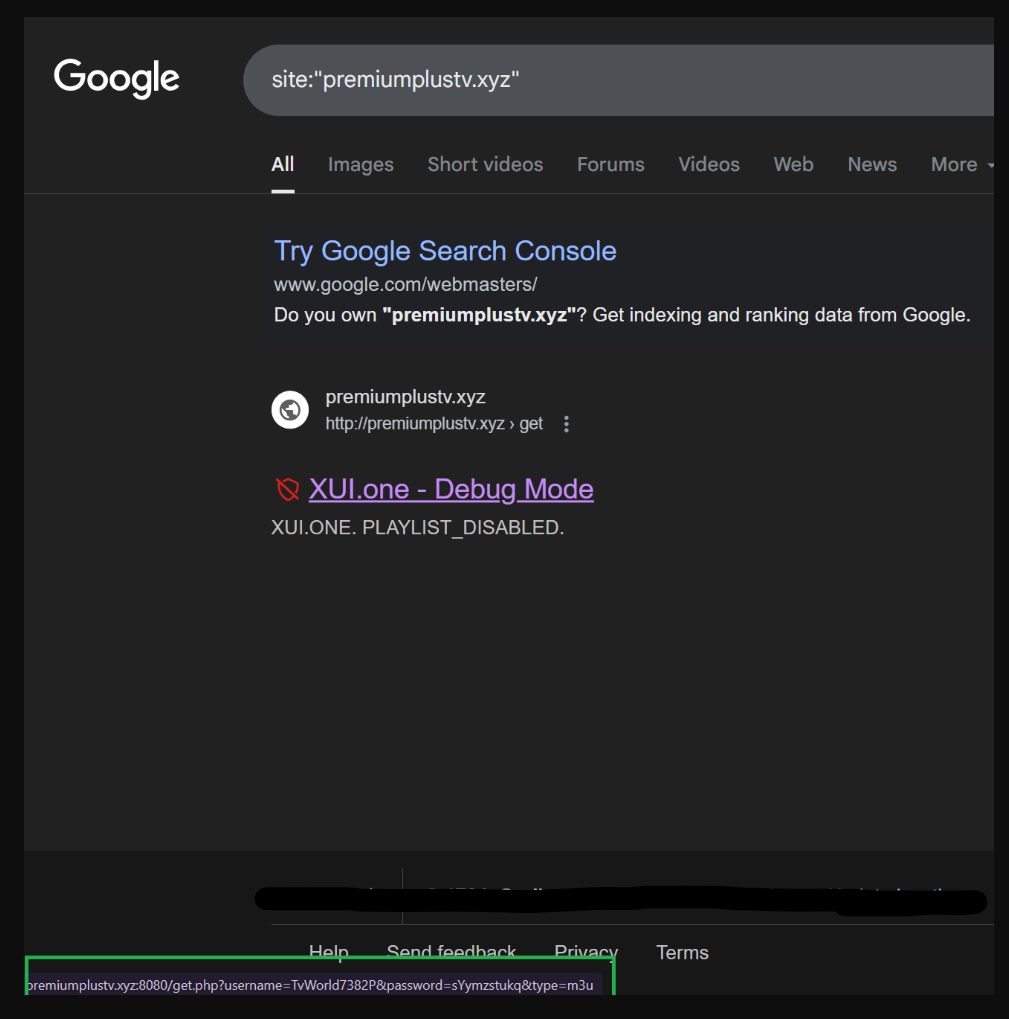 Google search screenshot of “premiumplustv[.]xyz”