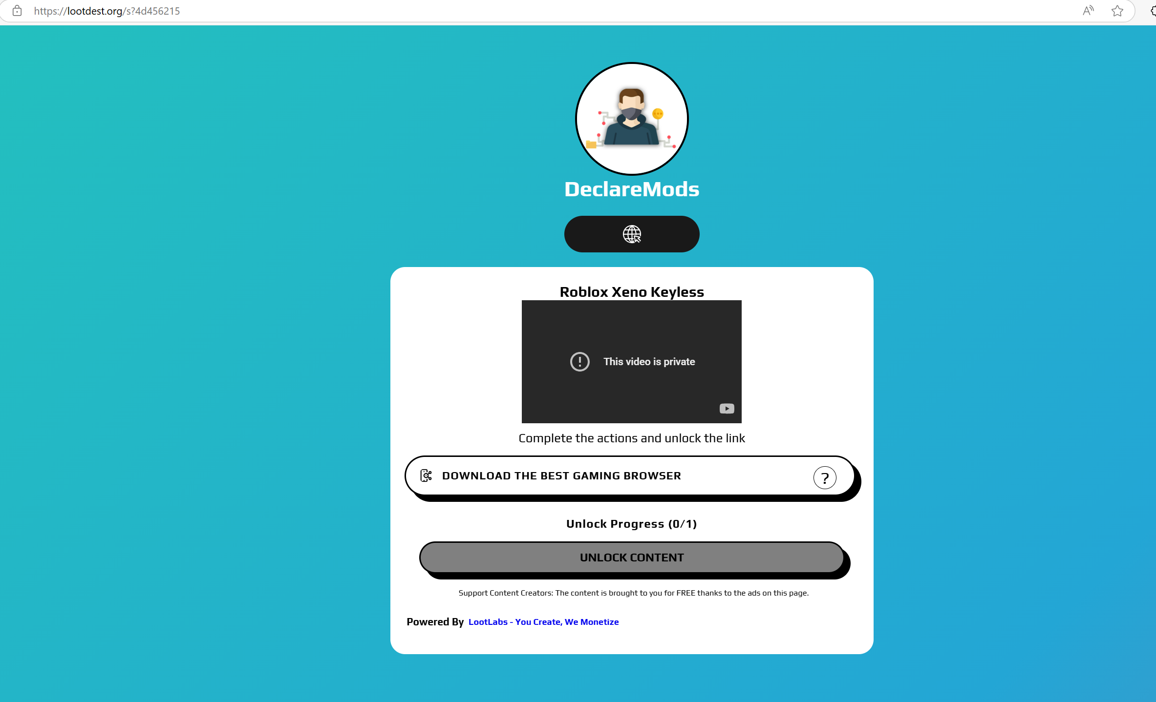 A visitor to lootdest[.]org/s?4d456215 was required to watch a YouTube video to unlock the content