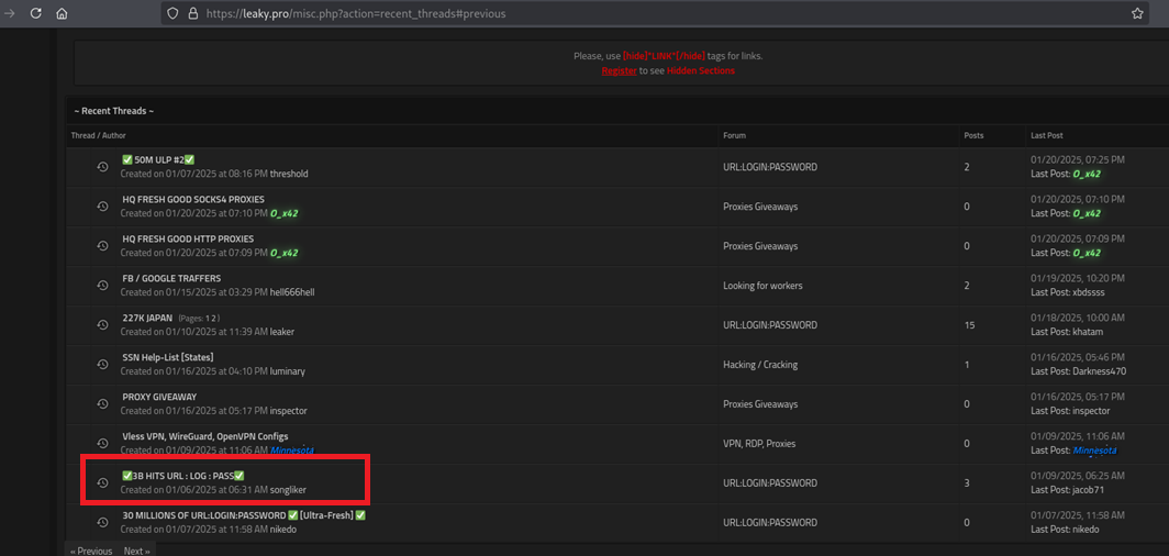 A leaky[.]pro forum user advertised 3,000,000,000 URL:LOG:PASS records