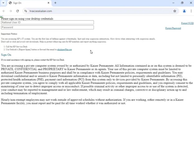 Phishing page targeting Kaiser