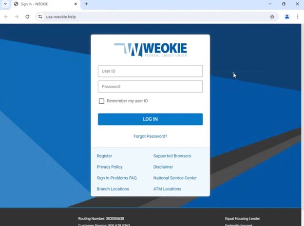 Phishing page targeting Weokie Credit Union