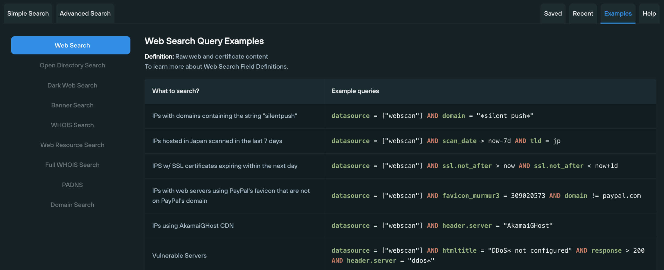 Screenshot of query examples from new search enablement features