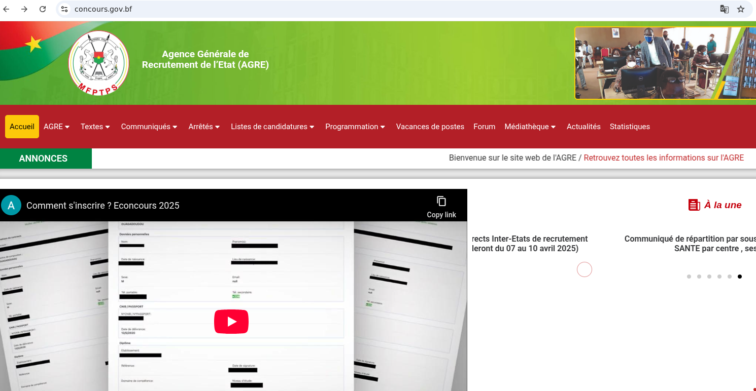 Screenshot of concours[.]gov[.]bf website