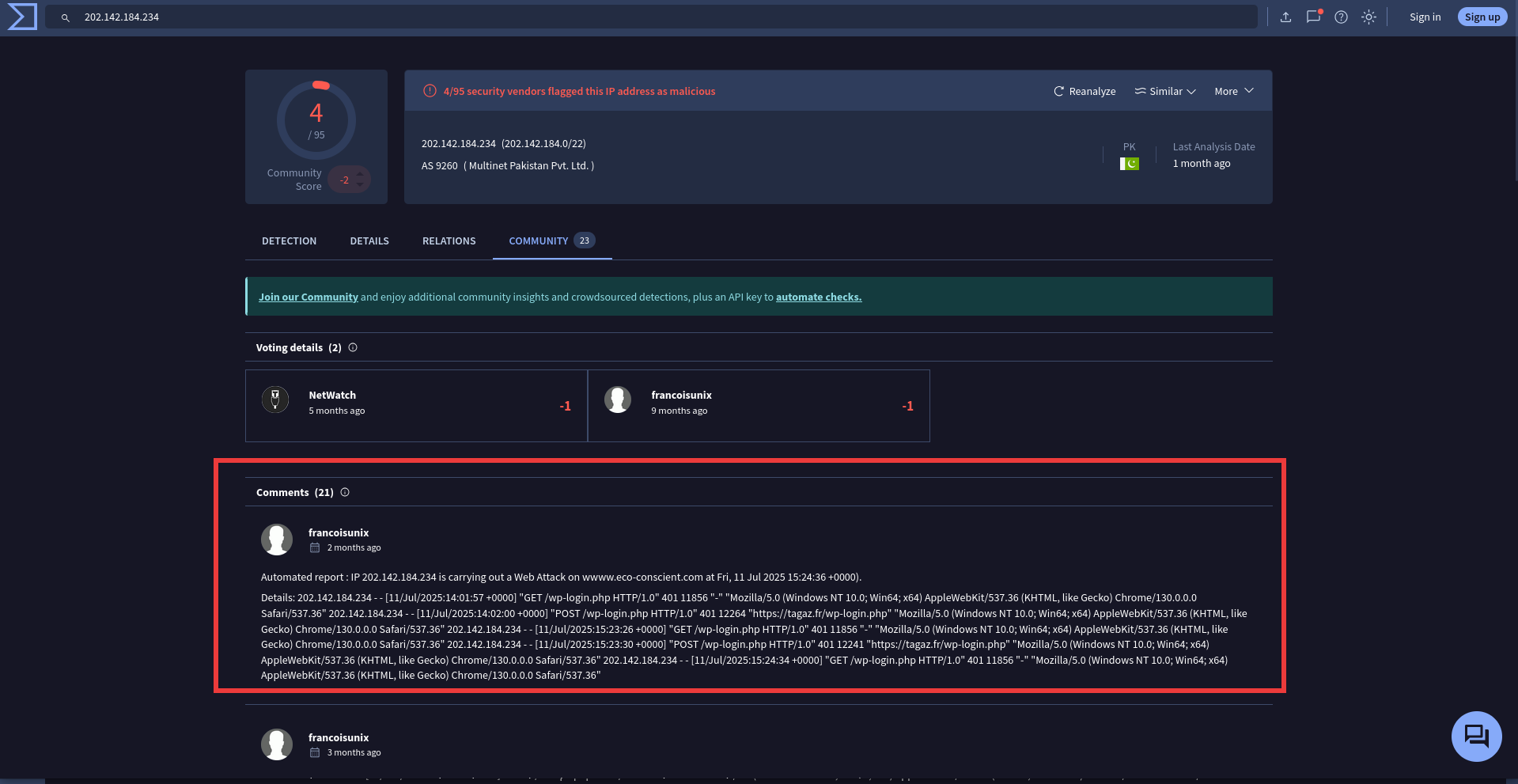 Screenshot of 202.142.184[.]234 on VirusTotal