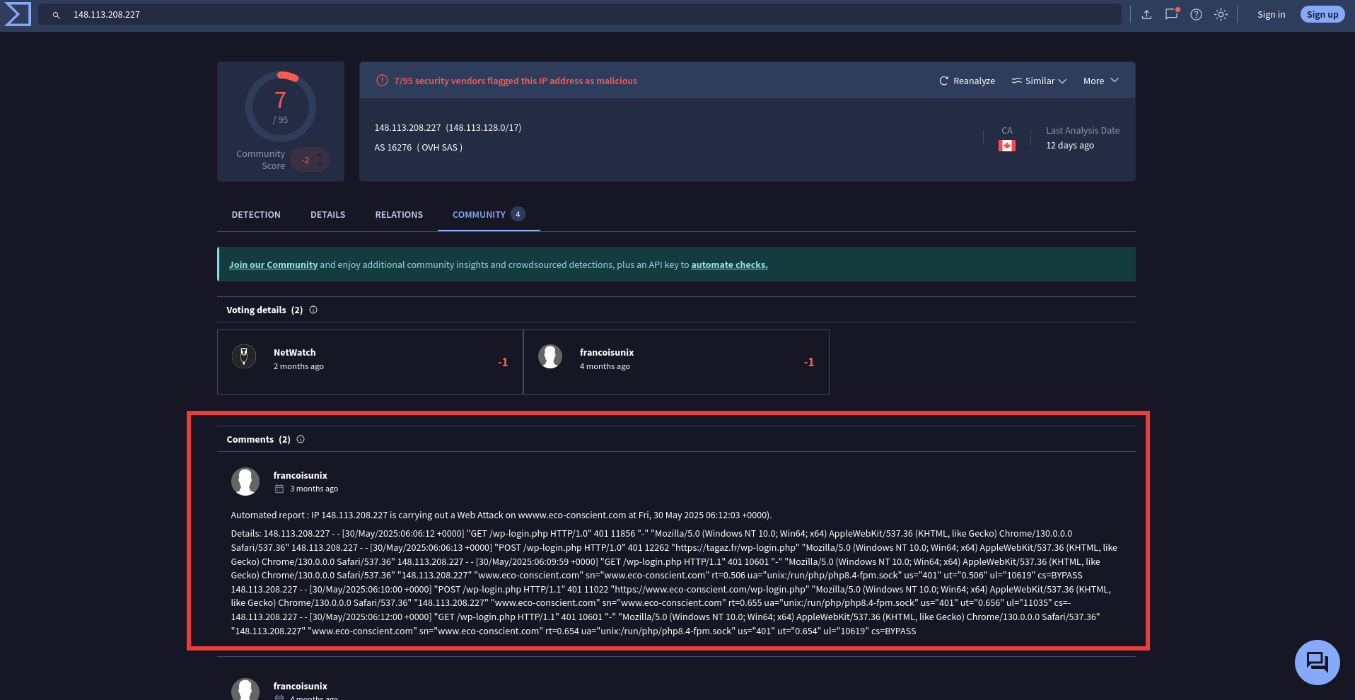 Screenshot of 148.113.208[.]227 on VirusTotal