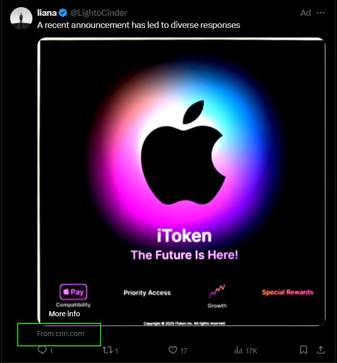 Screenshot of the X/Twitter ad abusing Apple's brand and spoofing cnn[.]com